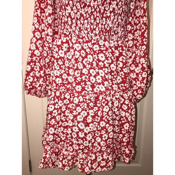 Women’s Red & White Floral Dress, LARGE, Smocked, Tiered Sheer - Picture 14 of 14